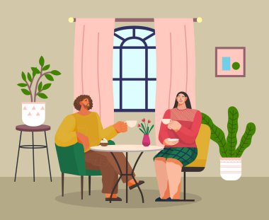 İki arkadaş öğle ya da akşam yemeğini evde ya da kafede oturarak yer. Bir çift erkek ve kız konuşuyor, çay ya da kahve ile iletişim kuruyorlar. İnsanlar tatlı pasta yiyor. Birbirine aşık çiftler.