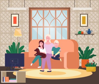 Mutlu aile annesi, kızı, oğlu ve köpeği evdeki kanepede birlikte oturup televizyon izliyorlar. Mutlu insanlar birlikte zaman geçirir. Kapalı alan aktivitesi, dinlenme zamanı. Ebeveynler ve çocuklar film, film izliyor.