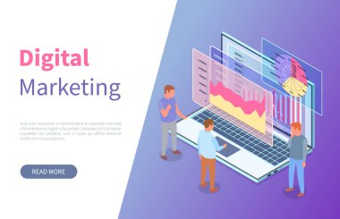 Sayfa pazarlama sitesini ödünç alıyorum. Renkli grafikleri, çubuğu ve pasta grafikleri olan geniş kavramsal dizüstü bilgisayarın yanındaki erkek karakterlerin itici görüntüsü. Dijital pazarlama kavramı. İzometrik vektör illüstrasyonu