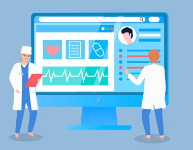 Dosyası olan bir terapist, steteskoplu bir erkek doktor büyük bir kavramsal monitör ekranının yanında duruyor, danışmanlık hastası çevrimiçi. Tıbbi video konferansı, kalp sembolü, haplar, reçete, kardiyogram
