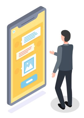 İnsanoğlunun tuhaf bir görüntüsü, arka plan, karikatür ekranının önünde duruyor. İçinde mesajlar olan dev bir akıllı telefon. Sanal iletişim, sosyal ağlar, sohbet. Modern dijital cihaz kullanarak sohbet eden adam.