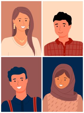 Farklı ırktan insanların görüntüleri. Kültürel farklılıklar. Uluslararası toplum. Çoklu etnik gruplar topluluğu. Irklar arası arkadaşlık. Müslüman kadın, Avrupalı kadın, Müslüman, Asyalı, Avrupalı