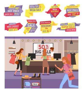 Kızlar butikten alışveriş yapıp kıyafet alıyorlar. Süper satış, en iyi fiyatlar ve özel promosyon. Kadınlar elbiseler için kavga ediyor. Kara Cuma konsepti. Kız kasanın parasını ödüyor.