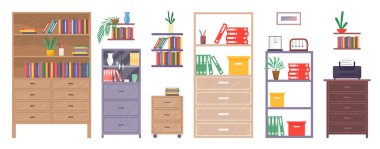 Ofis mobilyaları. Ahşap ve metal dolaplar, dolaplar, klasörlü raflar, evrak kutuları, çekmeceler, saksı bitkisi vazoları, kırtasiye sarkacı, saat, yazıcı. Ofis mobilyası, çalışma alanı.