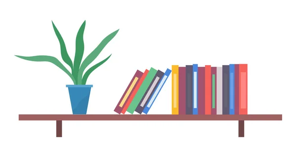 茶色のプラスチックや木製の棚 多色のスタックフォルダ 青い鍋 緑の鉢植えの花や多肉植物 オフィスの棚の上のフォルダと花 事務所を飾るんだ 帳簿書類所持者 — ストックベクタ
