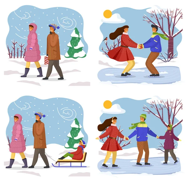 Winter Tijd Verzameling Illustraties Jong Stel Wandelen Gelukkig Meisje Jongen — Stockvector