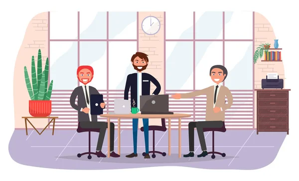 Friendly businessmen inviting to business meeting. Laptops on table, meeting room. Cabinet, printer or fax, potted plant, panoramic window. Modern office. Flat vector image in shapeless frame