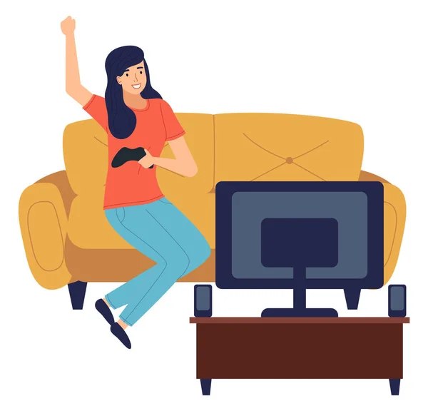 Happy Woman Winner Joystick Hand Playing Video Game Screen Relaxing — Stock Vector