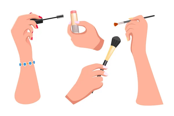 Weibliche Hände Mit Kosmetischen Accessoires Lippenstift Pinsel Für Lidschatten Und — Stockvektor