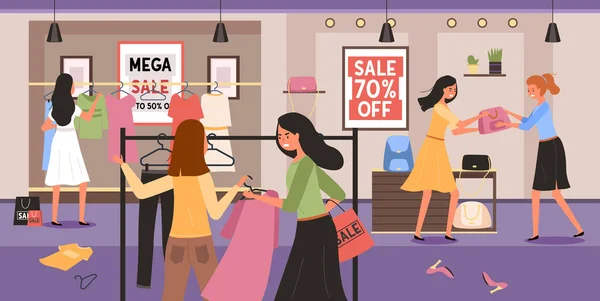 Дівчата Борються Одяг Жінка Магазині Сперечається Під Час Продажу Концепція — стоковий вектор