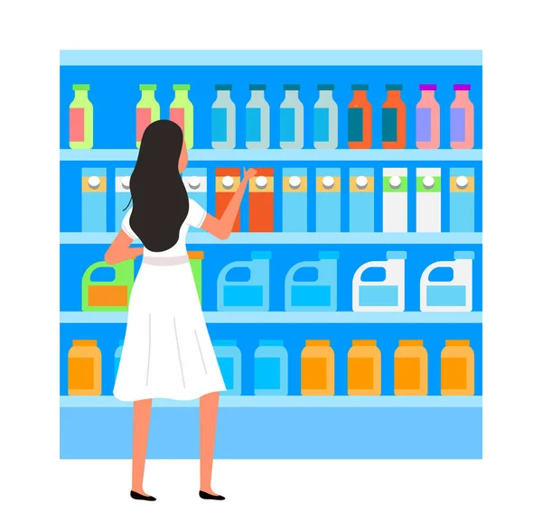 カウンターの横の女の子 スーパーマーケットの販売と割引 店内で買い物 店内の女性は洗剤を買っている 洗浄粉末と液体の間の選択と女性キャラクターショッピング — ストックベクタ