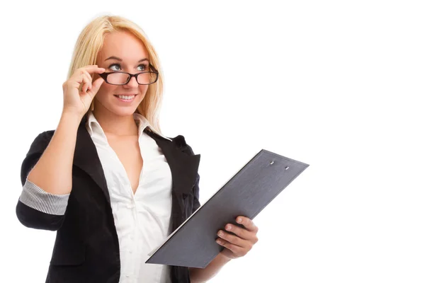 Mladá žena s kontrolní a brýle — Stock fotografie