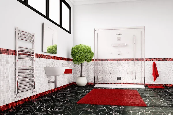 Salle de bain en gros plan rouge, blanc et noir — Photo