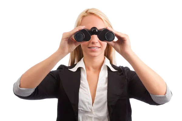 Young woman looking into camera with field glass — Stock Photo, Image