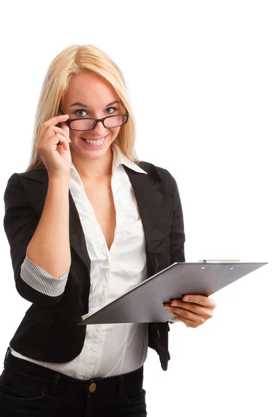 Young woman with checklist and glasses looking — Stock Photo, Image