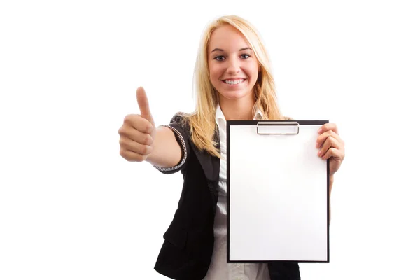 Young woman with checklist and thumb up Stock Picture