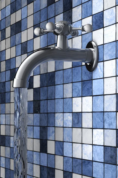 Grifo de agua en azulejos azules lado —  Fotos de Stock