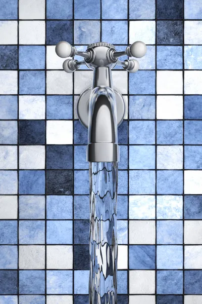 Torneira de água na frente azulejos azuis — Fotografia de Stock