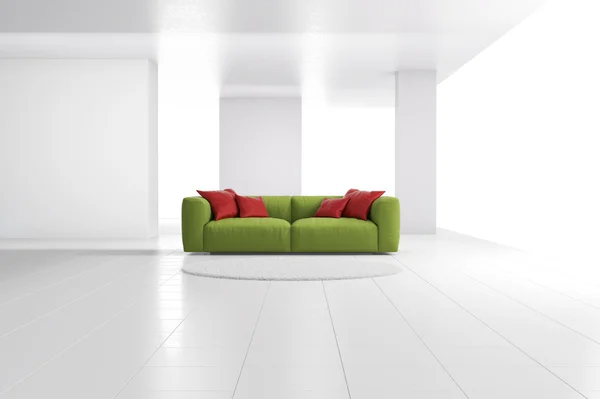 Πράσινο καναπέ σε ευρύ φωτεινό δωμάτιο — Φωτογραφία Αρχείου