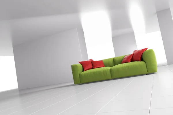 Sofá verde no quarto brilhante angular — Fotografia de Stock