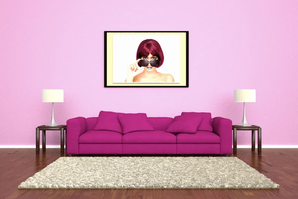 Růžové sofa s obrázek připojený ke zdi — Stock fotografie