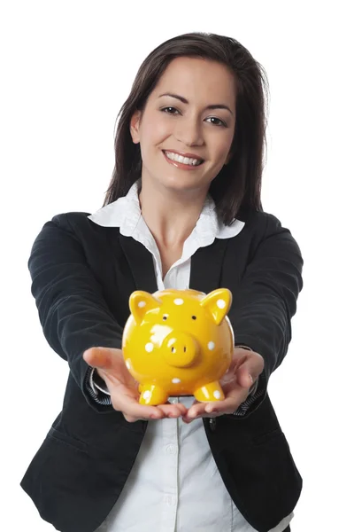 Asian Businesswoman presenting piggy bank — Stock Photo, Image