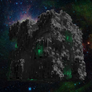 Uzay gemisi küp galaxy arka plan ile