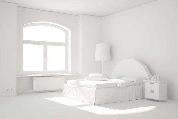 Quarto de cama branco vazio com janela e radiador de aquecimento — Fotografia de Stock