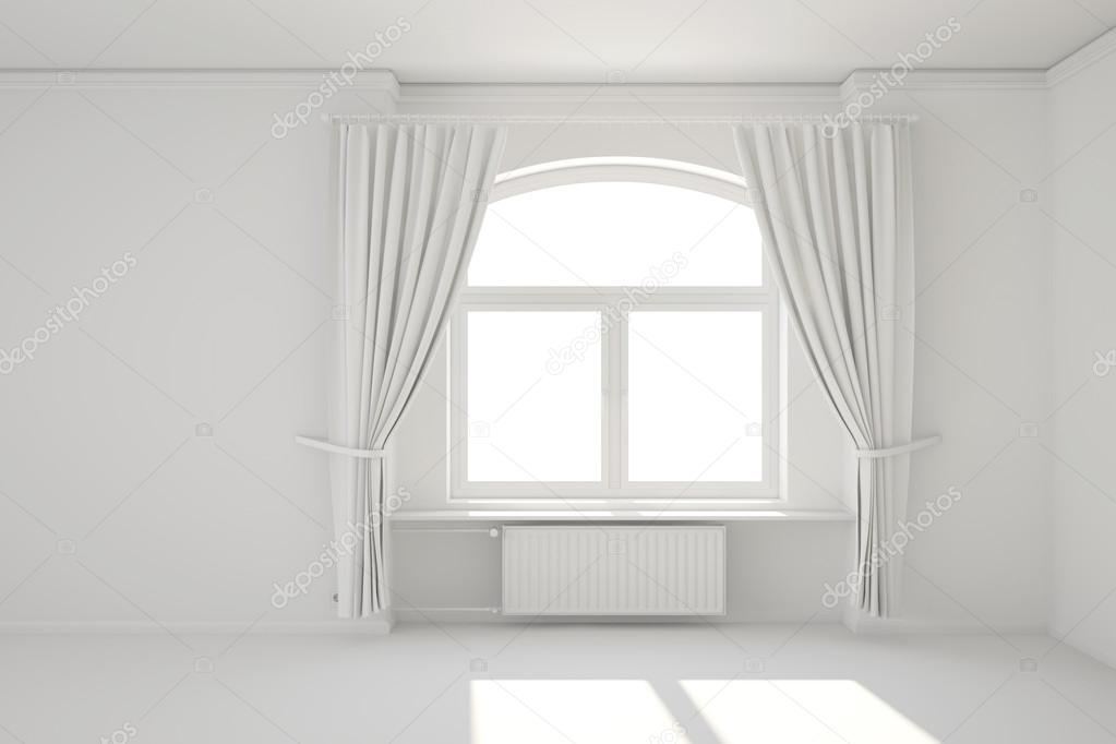 Empty white room with window and heating radiator
