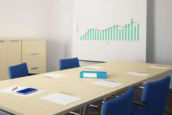 Sala de reuniões com cadeiras azuis e mesa — Fotografia de Stock