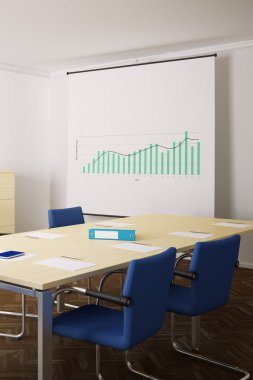 Toplantı odası mavi sandalye ve flipchart dik