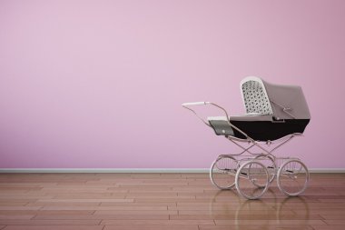Baby stroller on pink wall horizontal clipart