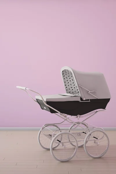 Kinderwagen an pinkfarbener Wand — Stockfoto