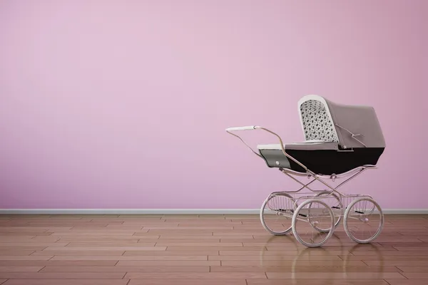 Baby wandelwagen op roze muur horizontale — Stockfoto