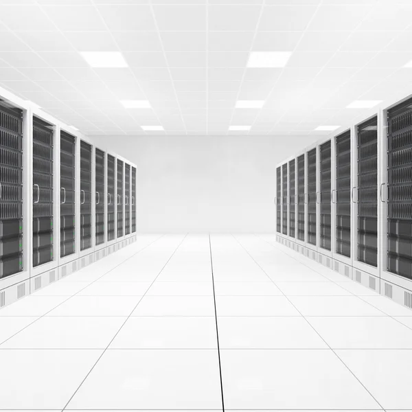 Datacenter met twee rijen van computers centraal weergave Stockfoto