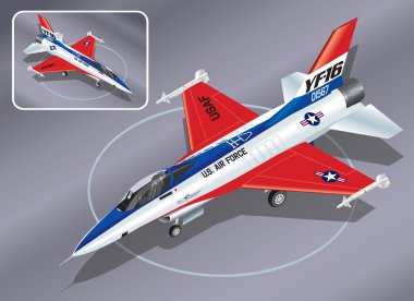f-16 jet avcı uçağı detaylı izometrik vektör çizim