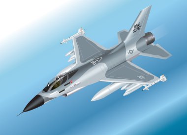 bir f-16 savaş uçağı havada detaylı izometrik çizimi
