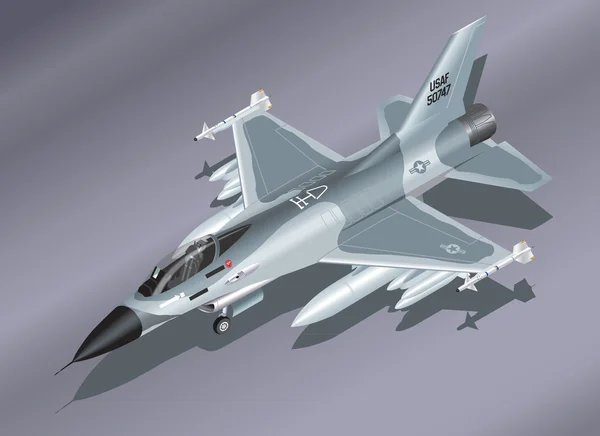 Ilustración isométrica detallada de un F-16 Fighter Jet en tierra — Archivo Imágenes Vectoriales