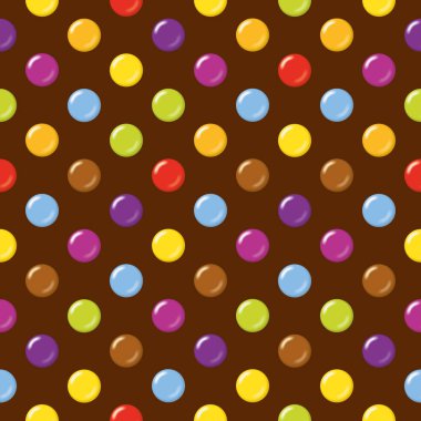 Seamless candy pattern on chocolate brown background. Delicious candy pattern.