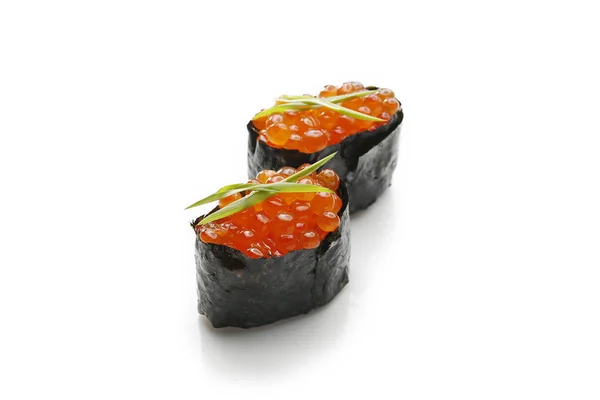 Gunkan sushi with salmon caviar rolled in nori sheet, 2 piece, isolated. Packshot photo for menu, package design. — Stock fotografie