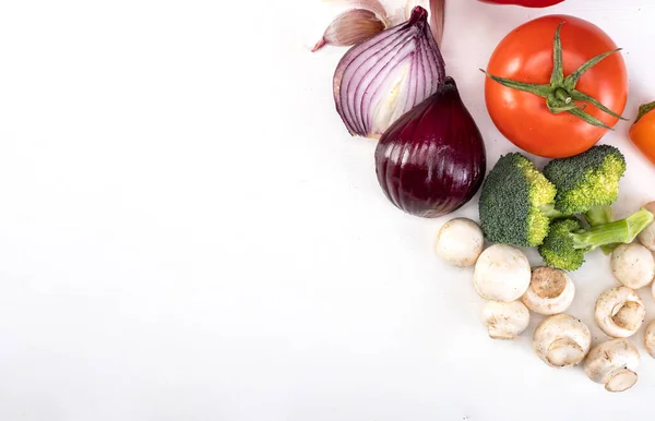 Composition Fresh Vegetables Isolated Colorful Spring Veggies White Background Top — Foto de Stock