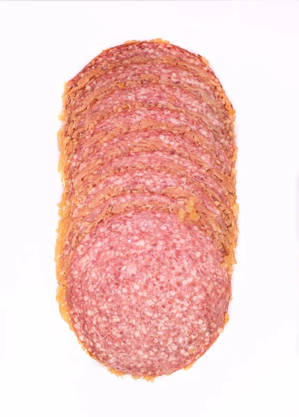 Salami Cheese Slices Isolated Meat Cold Cuts Slices White Background — Stock Fotó