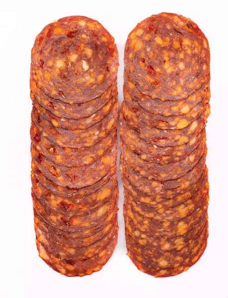 Chorizo Sausage Slices Vertical View Isolated Meat Cold Cuts Spicy —  Fotos de Stock