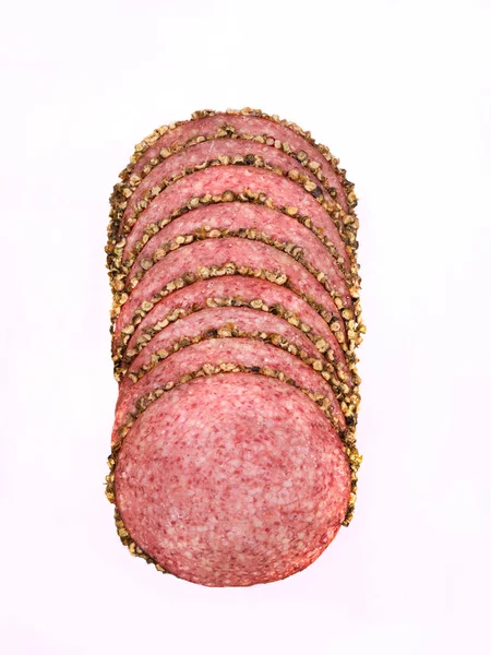 Salami Black Pepper Slices Isolated Meat Cold Cuts Slices White — Zdjęcie stockowe