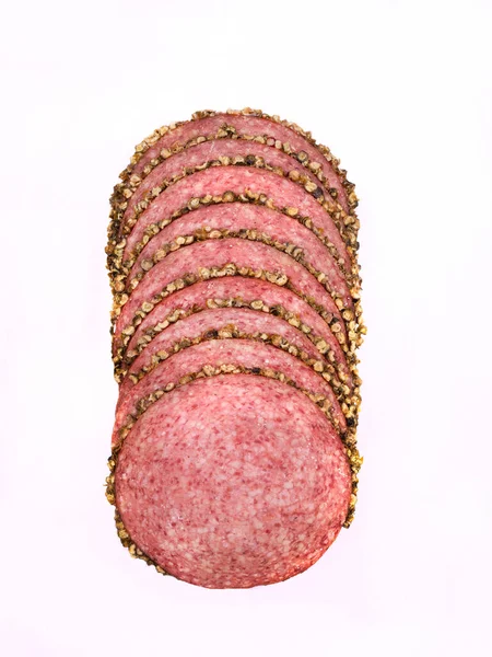 Salami Black Pepper Slices Isolated Meat Cold Cuts Slices White —  Fotos de Stock