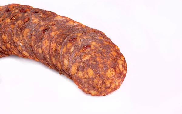 Chorizo Sausage Slices Vertical View Isolated Meat Cold Cuts Spicy — Fotografia de Stock
