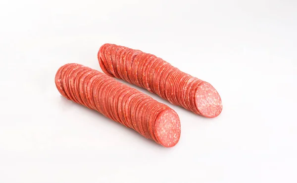 Fette Salame Isolate Salumi Fondo Bianco Vicino Una Foto Packshot — Foto Stock