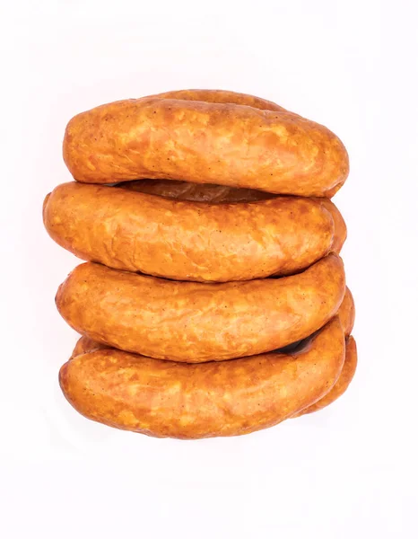Country Style Smoked Sausage Isolated White Background Top View Traditional — Stock Photo, Image