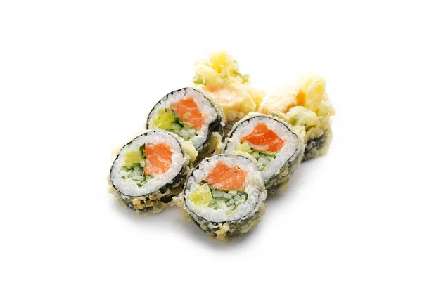 Set Sushi Pezzi Tempura Futomaki Con Salmone Cetriolo Oshinko Lattuga — Foto Stock