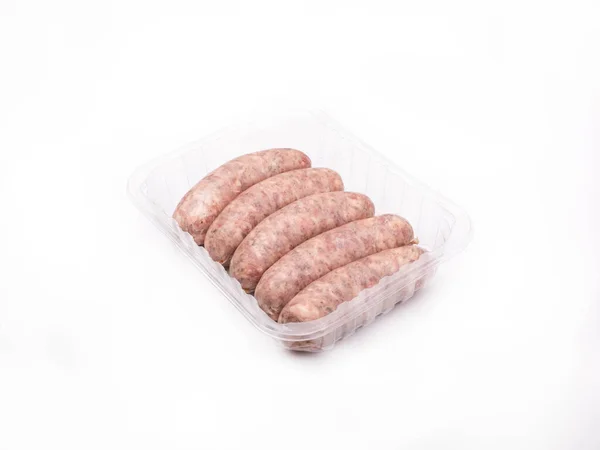 Salsichas Brancas Cruas Recipiente Transparente Plástico Caixa Isolado Produto Carne — Fotografia de Stock